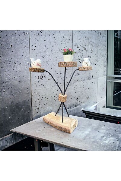 Metmobilya ahşap dekoratif tasarım doğal ağaç 3'lü çiçeklik vazoluk mumluk hediyelik ahşap stand