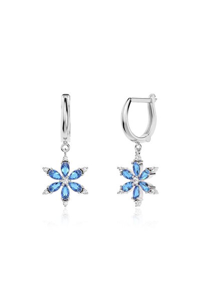 İNDİGO TAKI Aqua Taşlı Lotus Çiçeği Beyaz Gümüş Küpe