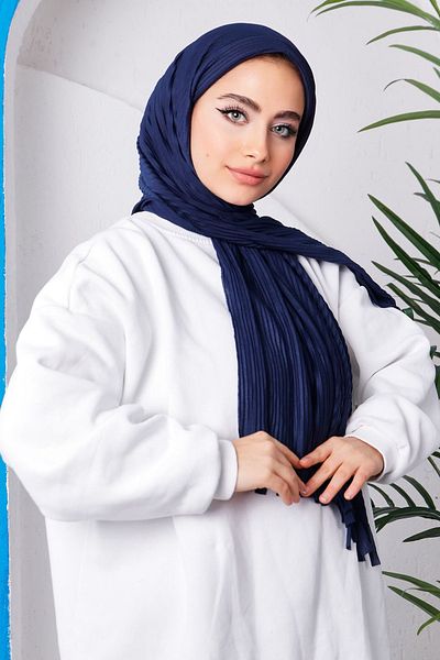 İmajButik الأزرق الداكن الداكن أزياء الأزرق مطوي العملي شال جاهز