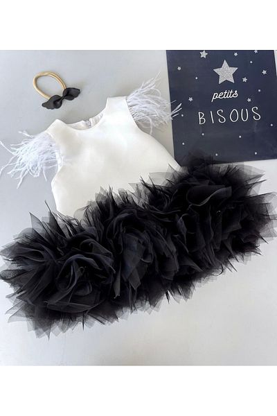 INDRESS STUDIO Κοριτσίστικο λευκό μαύρο φόρεμα με λεπτομέρεια από τούλι