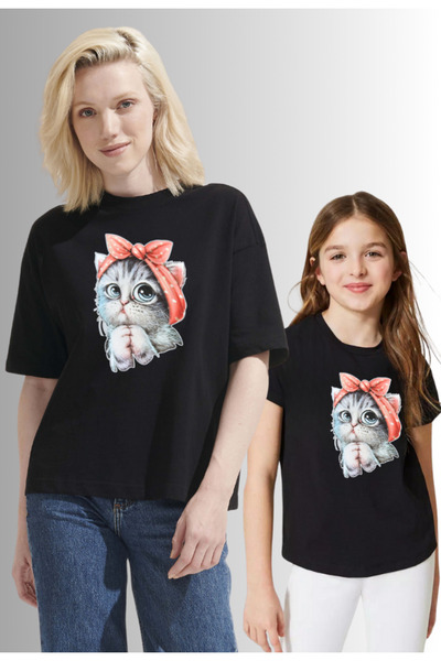 LAND MODA Tricou cu imprimeu pisică drăguță pentru mamă și fiică (ACEST PRODU...