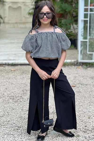 Riccotarz Girl's Off-Shoulder Black Bottom and Top Set with Chest and Waist Cuff and Slit Detail
