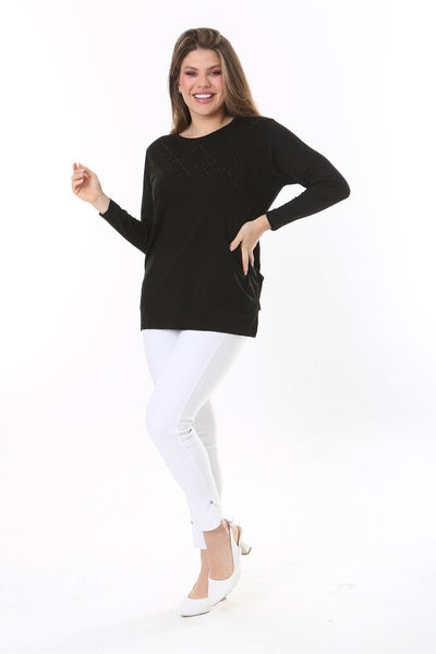 Şans Γυναικεία μακρυμάνικη μπλούζα μεγάλου μεγέθους με πέτρα μπροστά και λεπτομέρεια δαντέλα στην πλάτη 65N37803