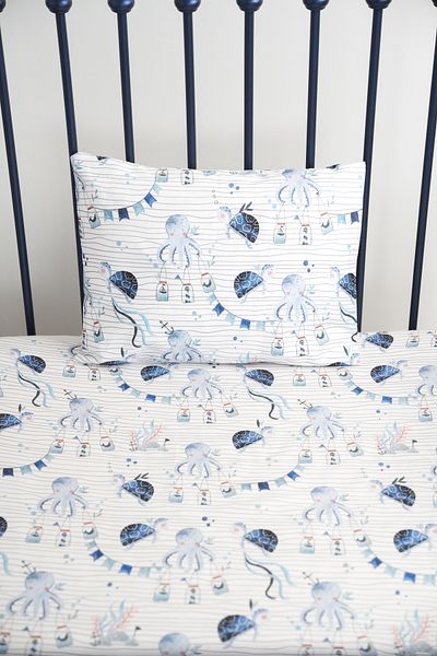 Pithy Organic Cotton Satin Fitted Sheet Set (90X190+20) Pillow Case (50X70)-Nautical