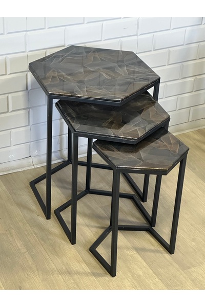 usta mekan Usta Altıgen Siyah Metal Yaldız Çizgi Desen Mdf Tablalı 3lü Zigon ...