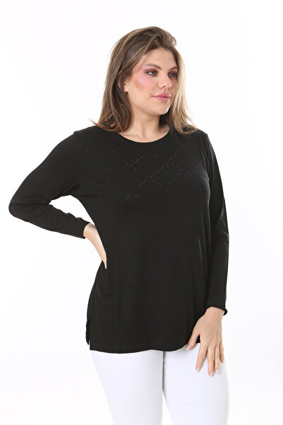Şans Γυναικεία μακρυμάνικη μπλούζα μεγάλου μεγέθους με πέτρα μπροστά και λεπτομέρεια δαντέλα στην πλάτη 65N37803