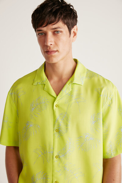 GRIMELANGE Harrıson Erkek Tiril Tiril Kumaşlı Dökümlü Dokuma Geniş Fit Yazlık Neon Yeşil Gömlek