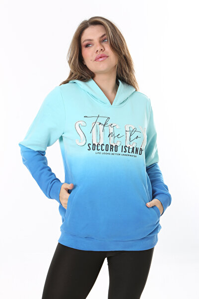 Şans Hanorac cu glugă, albastru, cu două fire, cu sclipici și imprimeu în față, de talie mare, pentru femei 65N37162