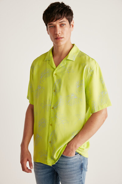 GRIMELANGE Harrıson Erkek Tiril Tiril Kumaşlı Dökümlü Dokuma Geniş Fit Yazlık Neon Yeşil Gömlek