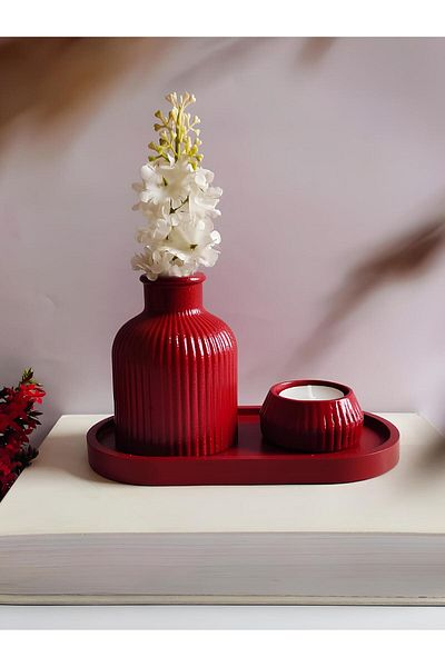 E.M.S AVM Red Colored 3 Piece Vase Set - Pampas, Candle Decorative, Plate Biblo