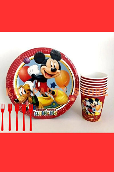 FOKUL Mickey Mouse 8 Kişilik Tabak Bardak Çatal Seti Miki Doğum Günü Parti Ma...