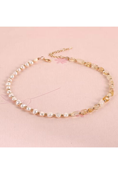 NBS Beautiful Naturel Stones İnci , Sitrin Gerçek Doğal Taş Kesim Kolye 42 cm...