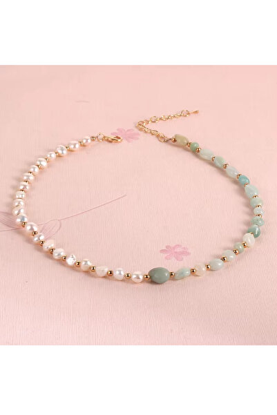 NBS Beautiful Naturel Stones İnci , Amazonit Gerçek Doğal Kesim Tasarım Kolye...