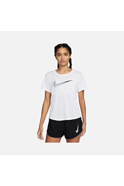 Nike Dri-Fit One Swoosh Graphic Running Short-Sleeve Kadın Tişört, Beyaz Kadı...