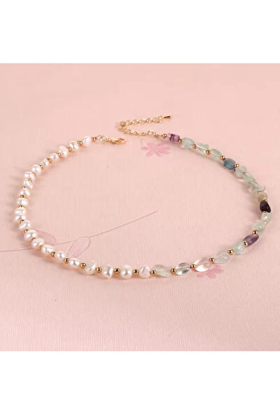 NBS Beautiful Naturel Stones İnci , Florit Gerçek Doğal Kesim Tasarım Kolye 4...