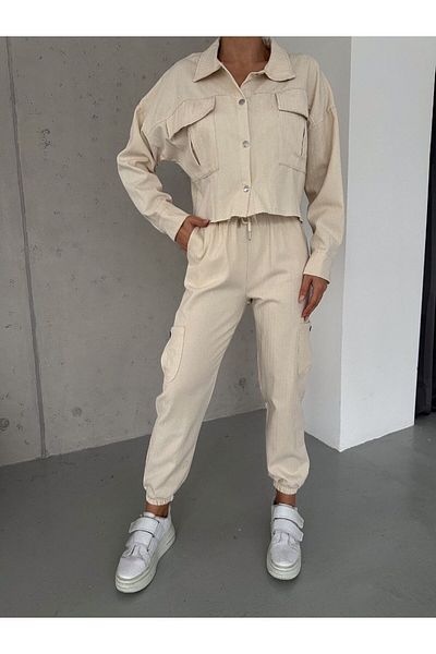 WEAR AND WEAR Women's Cream Ecru High Waist Cargo Pocket Leg Elastic Waist Drawstring Relaxed Cut Jogger Linen Trousers