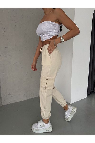 WEAR AND WEAR Women's Cream Ecru High Waist Cargo Pocket Leg Elastic Waist Drawstring Relaxed Cut Jogger Linen Trousers