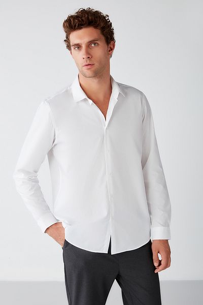 GRIMELANGE Oynx Men's Regular Fit 100% Cotton Woven White Shirt