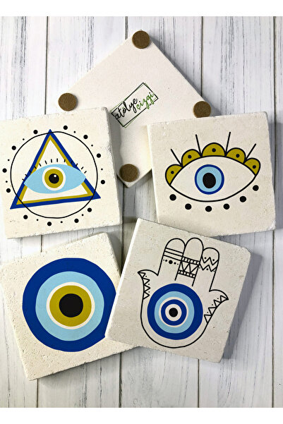 Atölye Çizgi Stone Coaster Evil Eye Bead Printed Set of 4