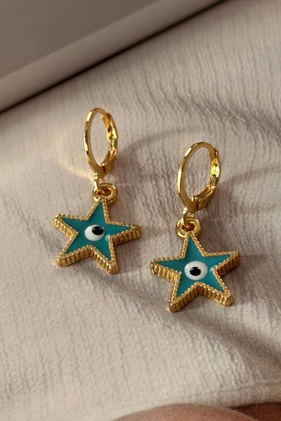 Trendy Butik Blue Enameled Eye Model Star Earrings