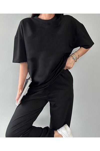 LAND MODA Γυναικεία μονόχρωμη χτενισμένη βαμβακερή κοντομάνικη φόρμα