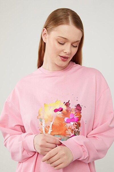 Levidor Şeker Pembe Pul İşlemeli Baskılı Sweatshirt