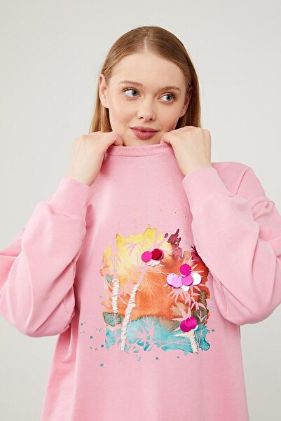 Levidor Şeker Pembe Pul İşlemeli Baskılı Sweatshirt