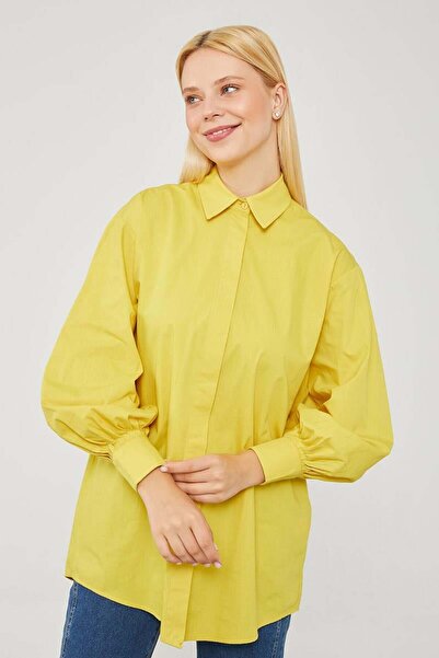 Levidor Cămașă din poplin cu mâneci cu supradimensionat baloane, verde ulei