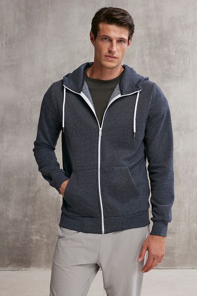 GRIMELANGE Core Men's Zippered High Collar Hooded Navy Blue Sweatshirt with Drawstring and Fleece Inside