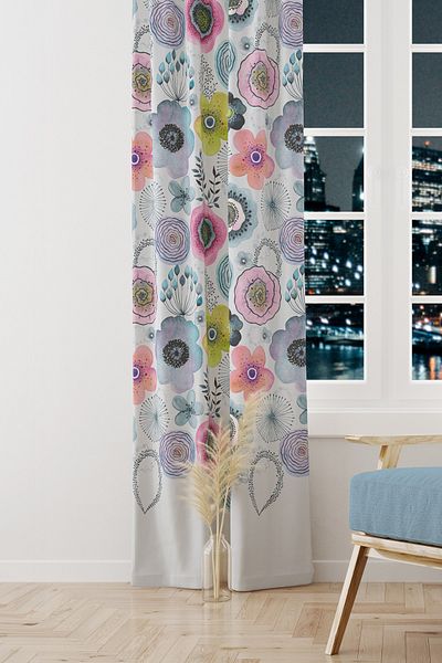 Moud's Water Flower Patterned Suede Living Room Hall Background Curtain Printed Extrafor Drawstring SINGLE WING PRD-1104