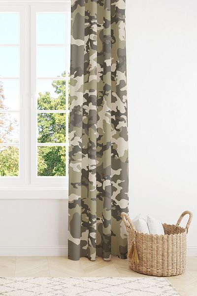 Moud's Green Camouflage Patterned Suede Living Room Hall Background Curtain Printed Extrafor Drawstring SINGLE WING PRD-1089
