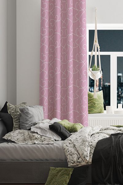 Moud's Pink Hearts Patterned Suede Living Room Hall Background Curtain Printed Extrafor Drawstring SINGLE WING PRD-1045