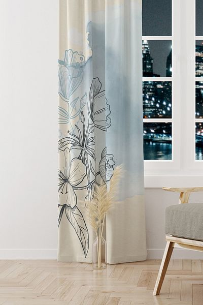 Moud's Blue Line Flower Patterned Suede Living Room Hall Background Curtain Printed Extrafor Drawstring SINGLE WING