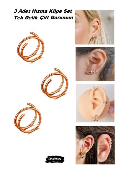 Takıparkxs 3 Pieces Set Stainless Anti-Tarnish Single Hole Piercing - 0.08mm Bar, 8mm Diameter