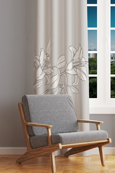 Moud's White Flowers Patterned Suede Living Room Hall Background Curtain Printed Extrafor Drawstring SINGLE WING PRD-1052