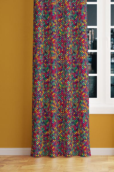 Moud's Colorful Small Square Patterned Suede Living Room Hall Background Curtain Printed Extrafor Drawstring SINGLE WING