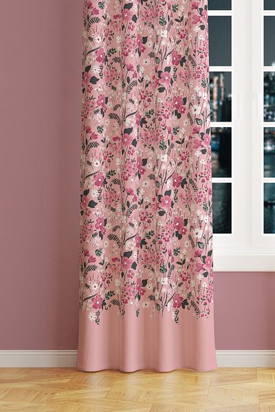 Moud's Pink Flower Patterned Suede Living Room Hall Background Curtain Printed Extrafor Drawstring SINGLE WING PRD-1022