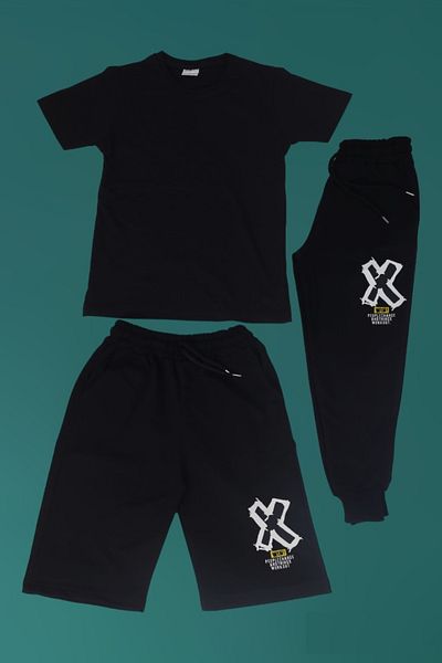 Çiggo Kids Tricou simplu de bază din bumbac și pantaloni de trening cu imprimeu Win X și combinație Capri din 3 piese