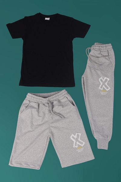 Çiggo Kids Tricou simplu de bază din bumbac și pantaloni de trening cu imprimeu Win X și combinație Capri din 3 piese
