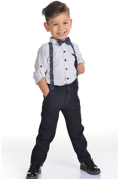 Buse&Eylül Bebe Navy Blue Patterned Boy's Set with Bow Tie and Suspenders