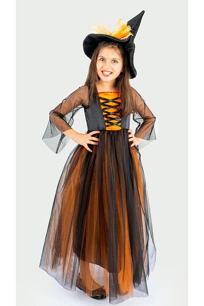 Buse&Eylül Bebe Witch with Orange Hat Concept Girl's Birthday Party Dress