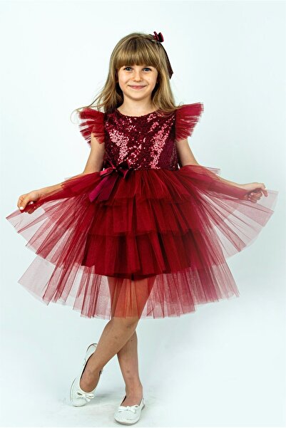 Buse&Eylül Bebe Burgundy Sequined Girl's Party Dress