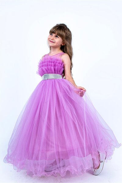 Buse&Eylül Bebe Λιλά Λεπτομερές φόρεμα για κορίτσια με ζώνη