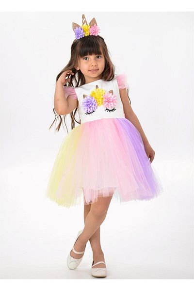 Buse&Eylül Bebe Φόρεμα μονόκερου στεφανωμένο πολύχρωμο κορίτσι για πάρτι