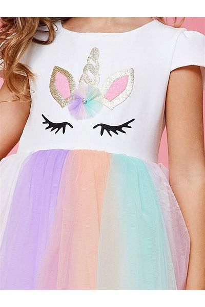 Buse&Eylül Bebe Ecru Unicorn Crowned Girl's Party Dress