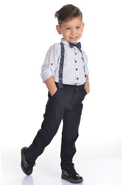 Buse&Eylül Bebe Navy Blue Patterned Boy's Set with Bow Tie and Suspenders