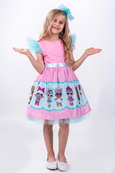 Buse&Eylül Bebe Pembe Bebek Desenli Tül Detaylı Kız Çocuk Parti Elbisesi