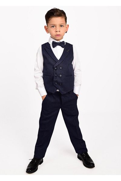 Buse&Eylül Bebe Navy Blue Scissor Brooch Detailed Boy's Tuxedo Suit with Vest