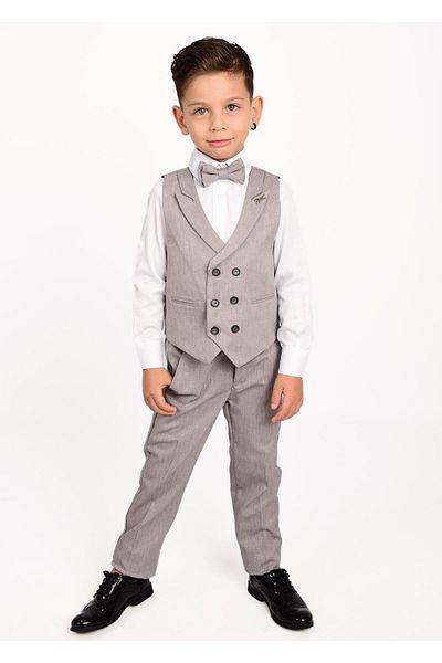 Buse&Eylül Bebe Gray Scissor Brooch Detailed Boy's Tuxedo Suit with Vest