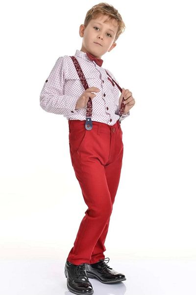 Buse&Eylül Bebe Claret Red Patterned Boys' Set with Bow Tie and Trousers